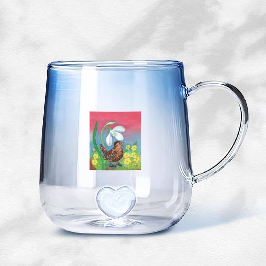 White Snowdrop & Wren Bird in Spring Illustration Gradient Glass Mugs