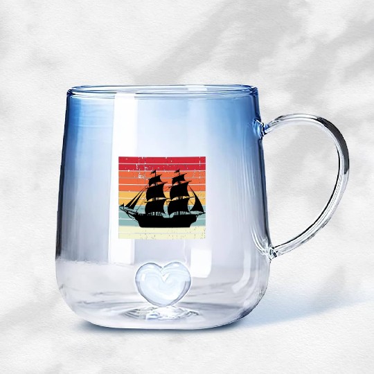 Vintage Retro Sun Set Pirate Ship Gradient Glass Mugs