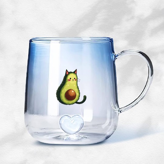 Cute Kawaii Avocado Cat Gradient Glass Mugs