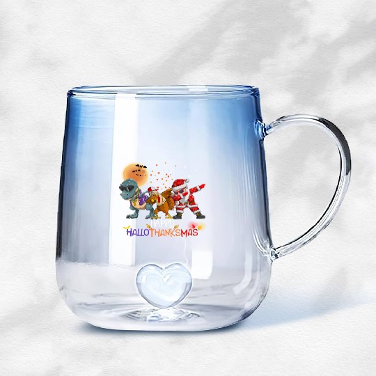 Dabbing Dinosaur Turkey Santa Claus Hallothanksmas Gradient Glass Mugs