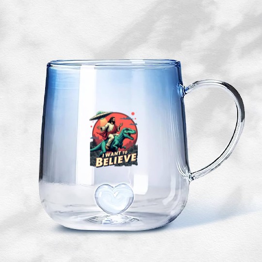 Jesus Riding a Dinosaur with UFO - I Want to Belie Gradient Glass Mugs