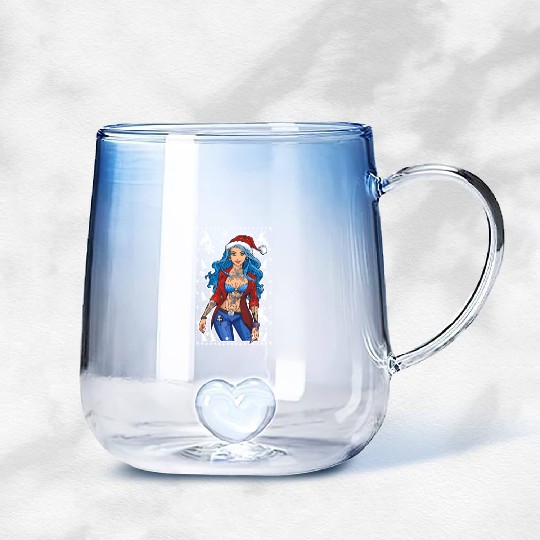 03 Sexy Christmas Woman Blue Hear Deer Tattoos Gradient Glass Mugs