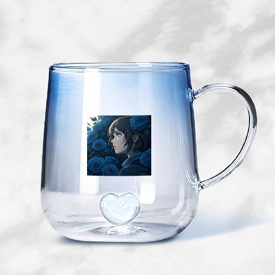 Dreamy Blue Roses and Stunning Anime Cute Girl Gradient Glass Mugs