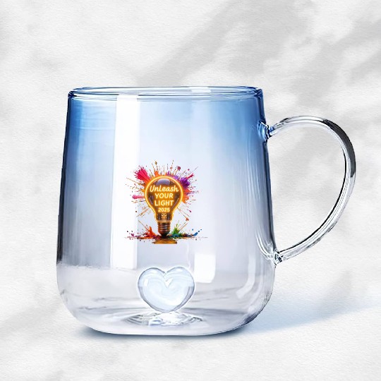 A large starburst glowing in neon light with 2025 Gradient Glass Mugs