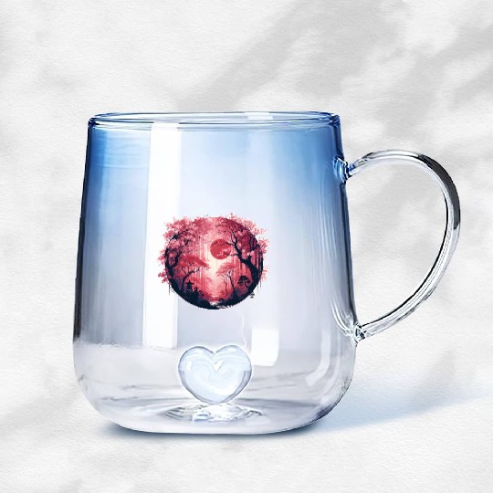 Serene Sakura Under Crimson Sun Gradient Glass Mugs