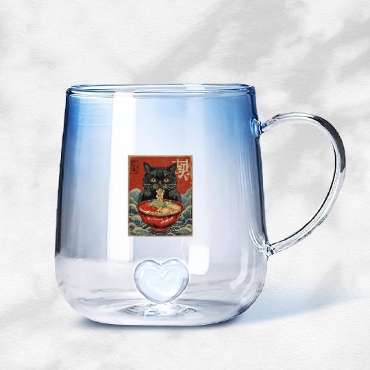 Kawaii cute Vintage Japanese Anime Manga Cat Ramen Gradient Glass Mugs
