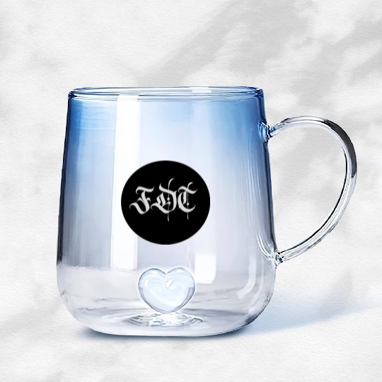 Ornate Gothic Lettering FDT in Light Grey on Black Gradient Glass Mugs