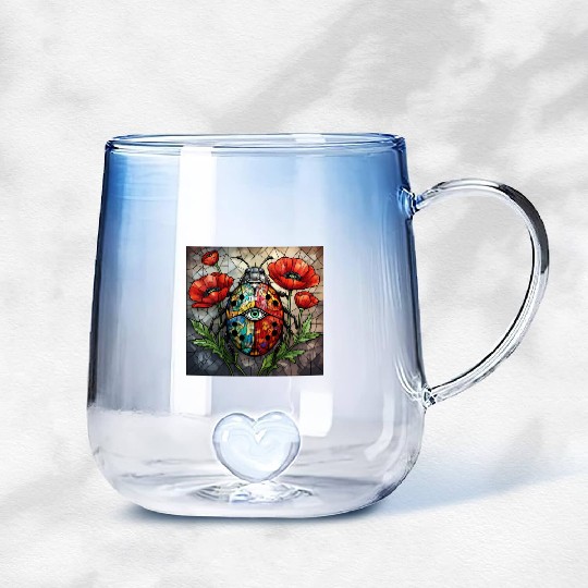 Ladybug stained glass vibrant poppy flower insect Gradient Glass Mugs