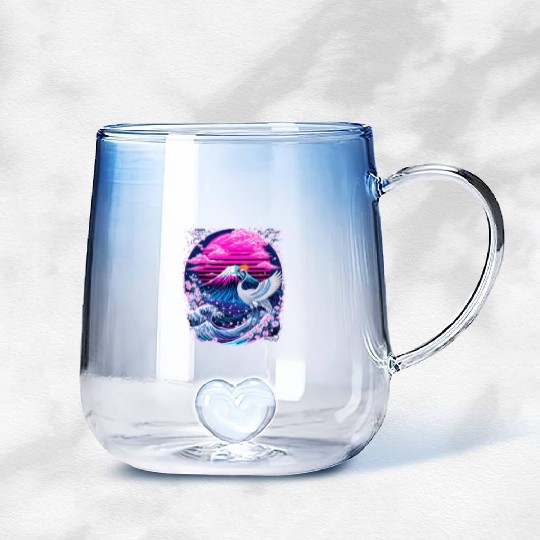 Neon Sakura Crane & Mount Fuji Scene Gradient Glass Mugs