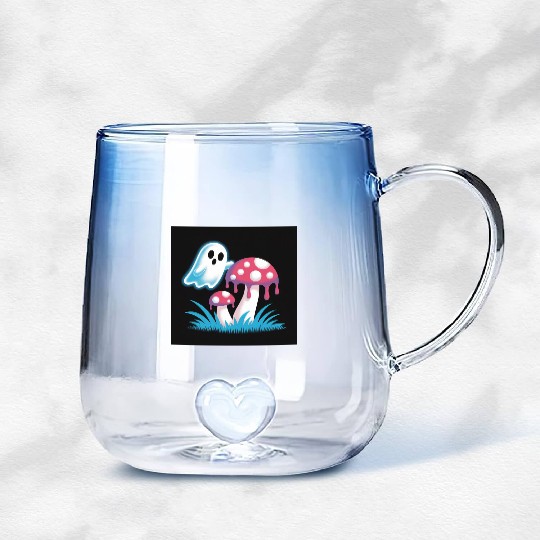 Whimsical Ghost and Mushrooms Illustration Gradient Glass Mugs