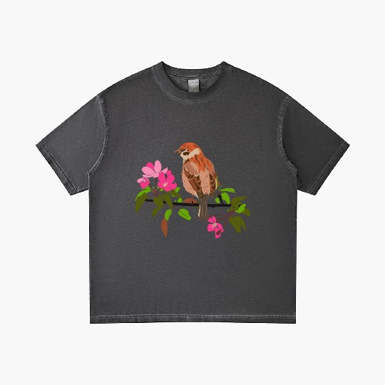 Sparrow on a branch pink flowers of an apple tree Gradient T Shirts