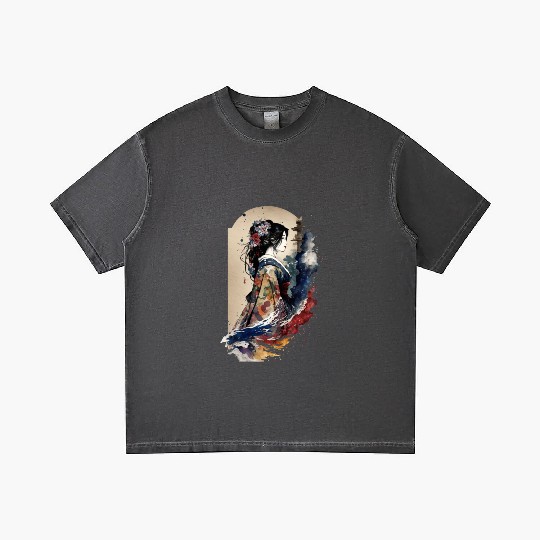 Geisha Watercolor Sea Waves Asian Art Woman Gradient T Shirts