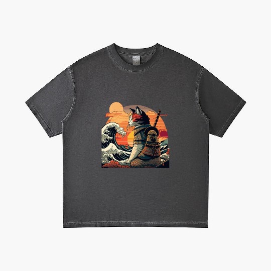Retro samurai cat The Great Wave Hokusai Gradient T Shirts