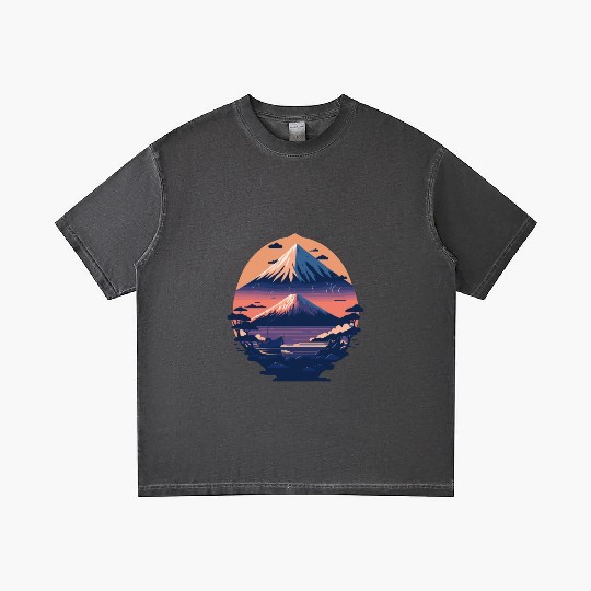 Serene Mount Fuji Sunset Peaceful River Scenery Gradient T Shirts