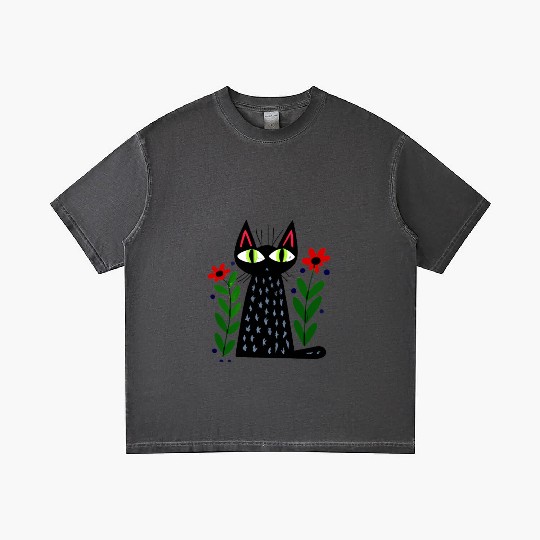 Black Cat and Flowers Gradient T Shirts