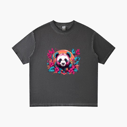 Retro panda with neon nature floral vintage sunset Gradient T Shirts