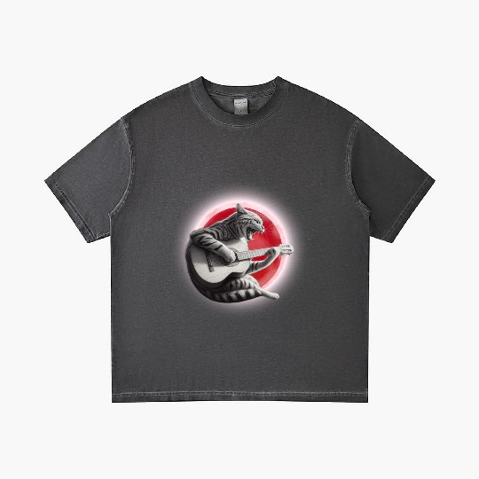 Rock Cat Playing Guitar Gradient T Shirts under the red moon