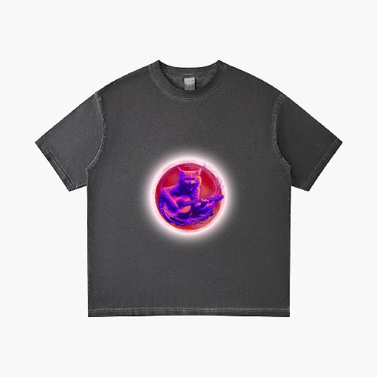 Rock Cat Playing Guitar Gradient T Shirts under the red moon