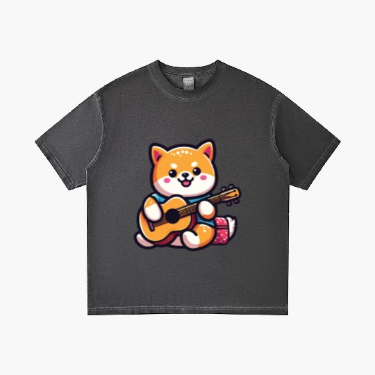 Cute Shiba Inu Playing Guitar Geek Cartoon Gradient T Shirts