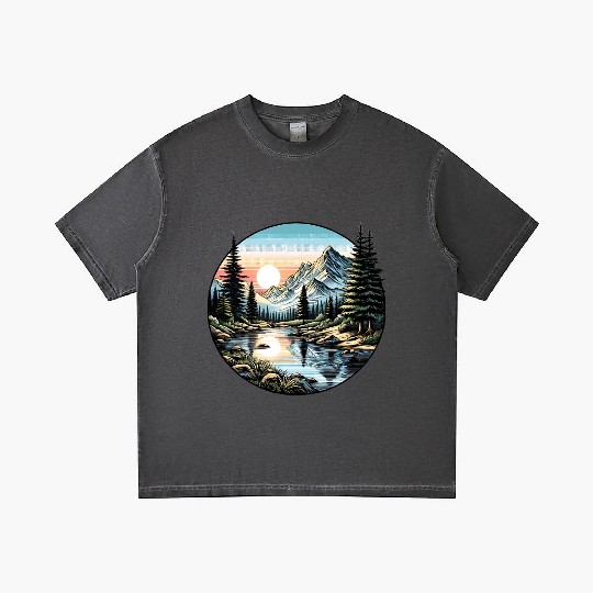 Tranquil Mountain Sunrise: Serene Landscape Art Gradient T Shirts