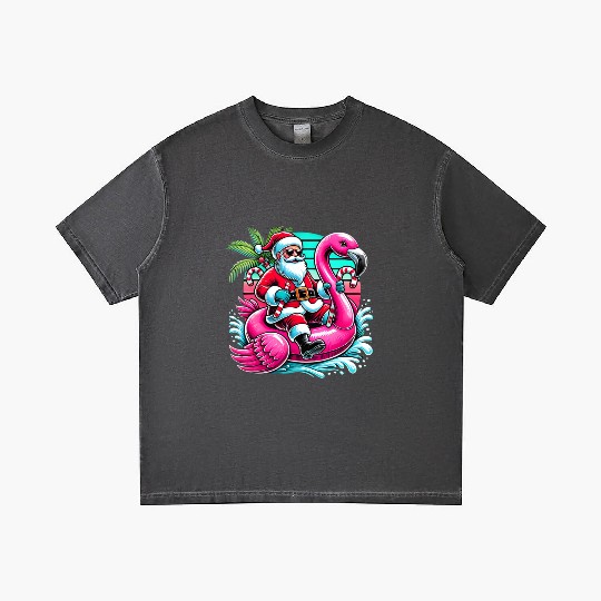 Santa Riding Flamingo in Tropical Christmas Fun Gradient T Shirts