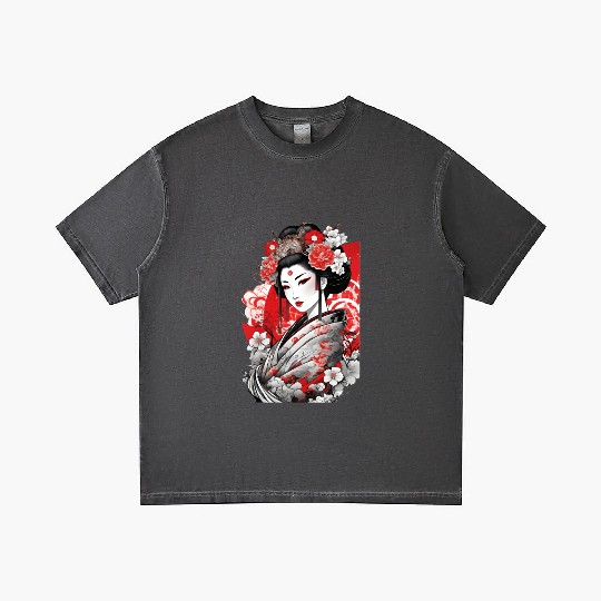 Elegant Geisha with Floral Kimono Gradient T Shirts