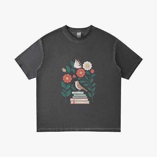 Cottagecore Bird on Books with Flowers Delight Gradient T Shirts