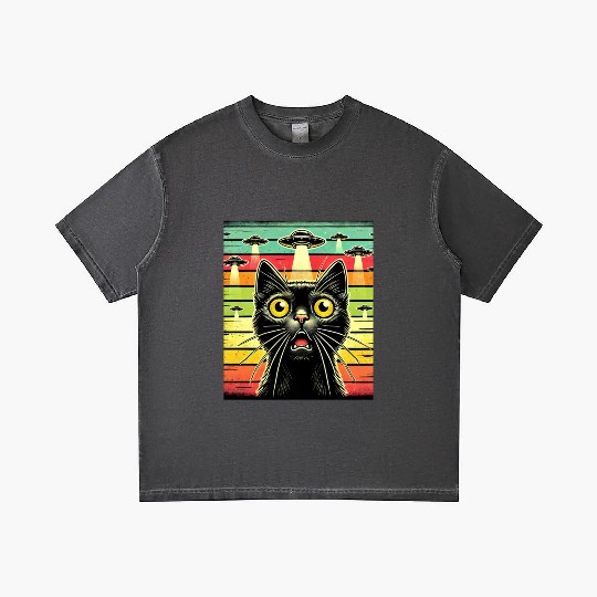 Fun Cat sunset Galaxy Cat Spaceship Alien Cat UFOs Gradient T Shirts