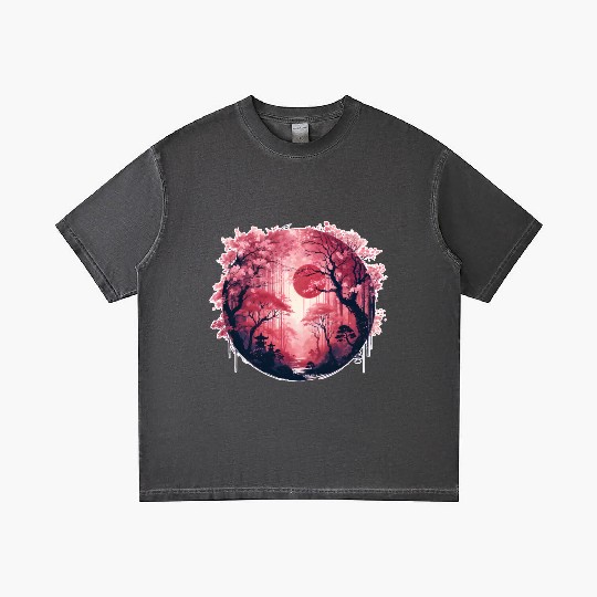 Serene Sakura Under Crimson Sun Gradient T Shirts