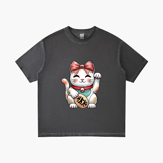 Coquette Bow Maneki Neko Japanese Cat Lucky Pink Gradient T Shirts