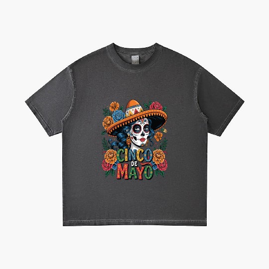 Cinco de Mayo Sugar Skull Girl Sombrero & Flowers Gradient T Shirts