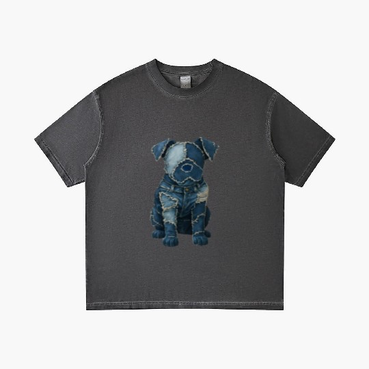Cute Denim Patchwork Art Dog Gradient T Shirts
