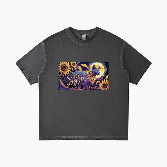 Celestial Cat Among Sunflowers and Moonlit Night Gradient T Shirts