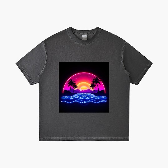 Neon Sunset Over Tropical Island Gradient T Shirts