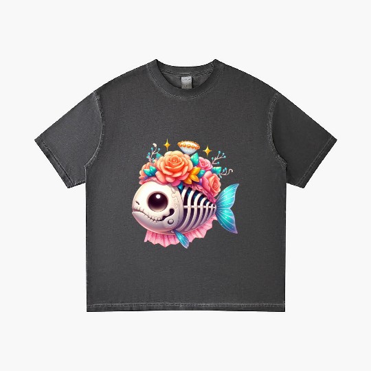 Whimsical Skull Fish with Floral Crown Gradient T Shirts
