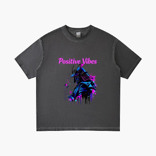 Neon Samurai Skull with Positive Vibes Gradient T Shirts