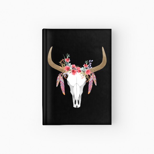 Floral Cow Skull With Feathers Bull Skull Hardcover Journal