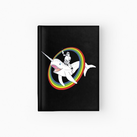 Spaceman riding narwhal through rainbow Hardcover Journal