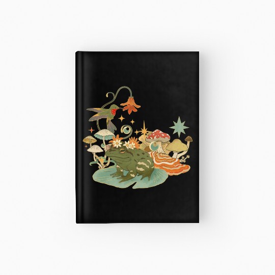 Cottagecore with frog, mushrooms and hummingbird Hardcover Journal