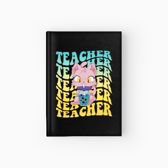 Boba Tea Teacher Kawaii Cat Groovy Back To School Hardcover Journal