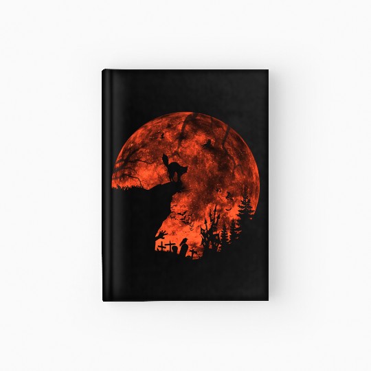 Cat Red Moon trick or treat Bats Forest Halloween Hardcover Journal