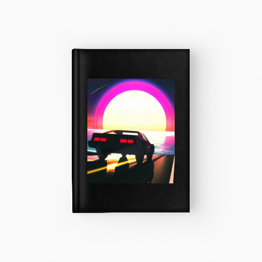 Synthwave Outrun Sports Car Driving Into A Sunset Hardcover Journal