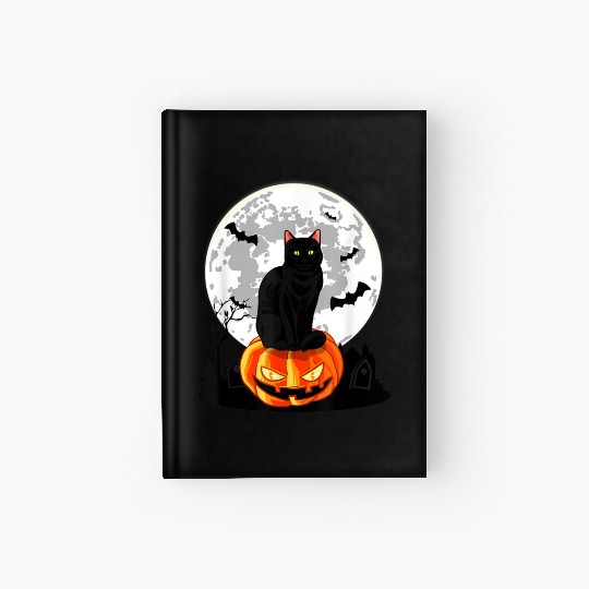 Black Cat On Pumpkin Hardcover Journal Full Moon Halloween