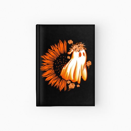 Halloween Theme Cute Ghost Sunflower Coffee Lover Hardcover Journal