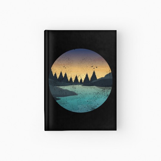 Retro River With Forest And Birds In The Sunset Hardcover Journal