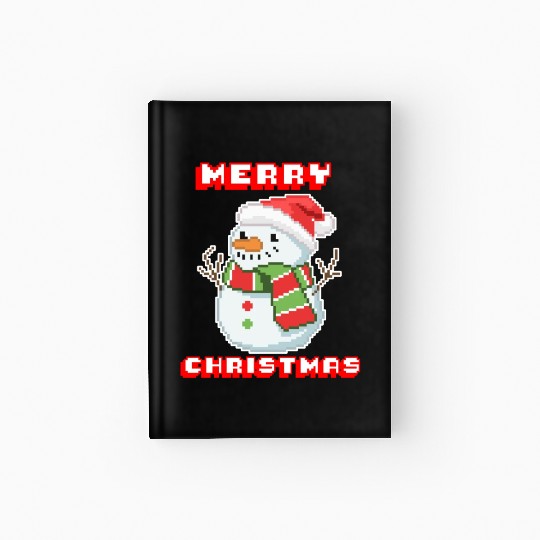 Merry Christmas I Xmas I 8 Bit Pixelated Snowman Hardcover Journal
