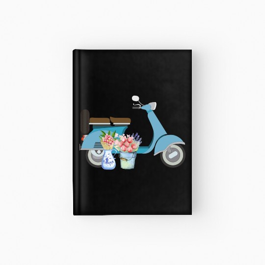 Blue Retro Scooter With Tulips Art Design Hardcover Journal