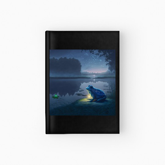 Blue Frog and Firefly on a pond at Night Hardcover Journal