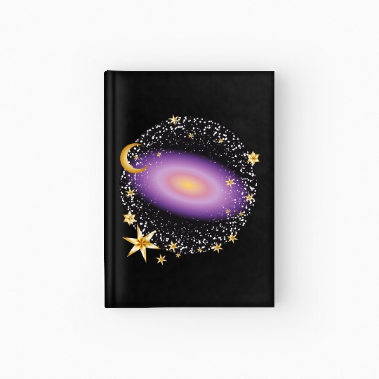glowing violet galaxy with moon and stars Hardcover Journal