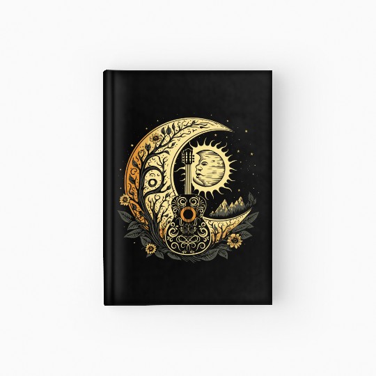 Cottagecore Acoustic Guitar With Moon, Sun, Stars Hardcover Journal